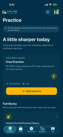 Vital Few practice dashboard showing the free practice library