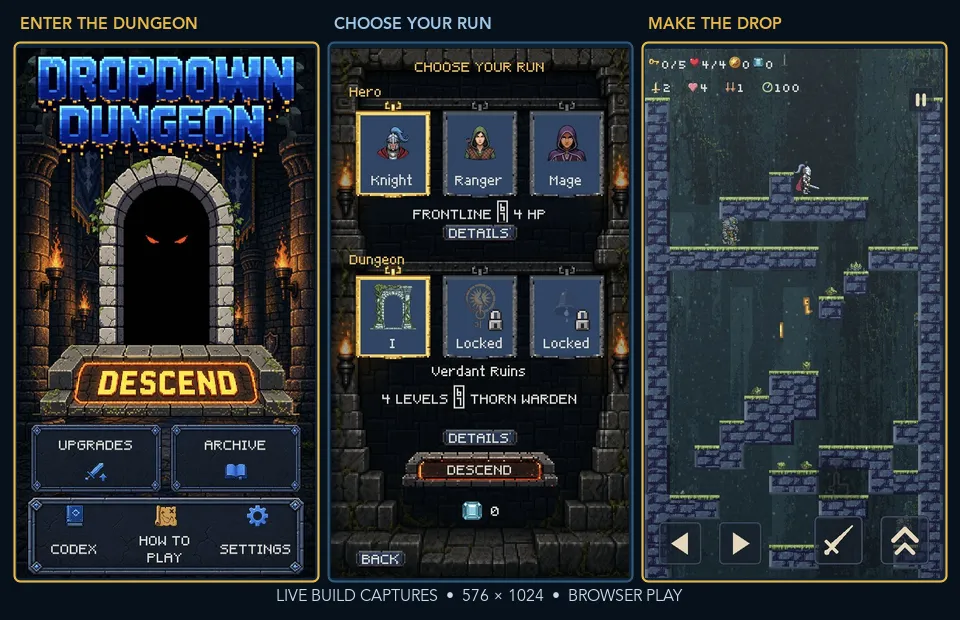 Dropdown Dungeon screens showing the title screen, run selection, and a playable dungeon.