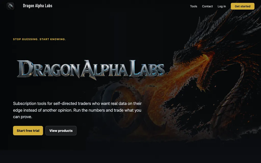 Dragon Alpha Labs homepage with a dragon hero and calls to action for trading tools.