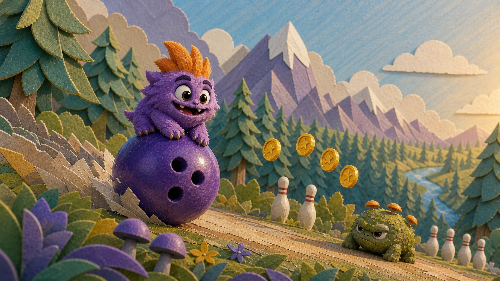 Monster Bowl art-direction study showing a felt monster riding a purple bowling ball through a layered paper forest.