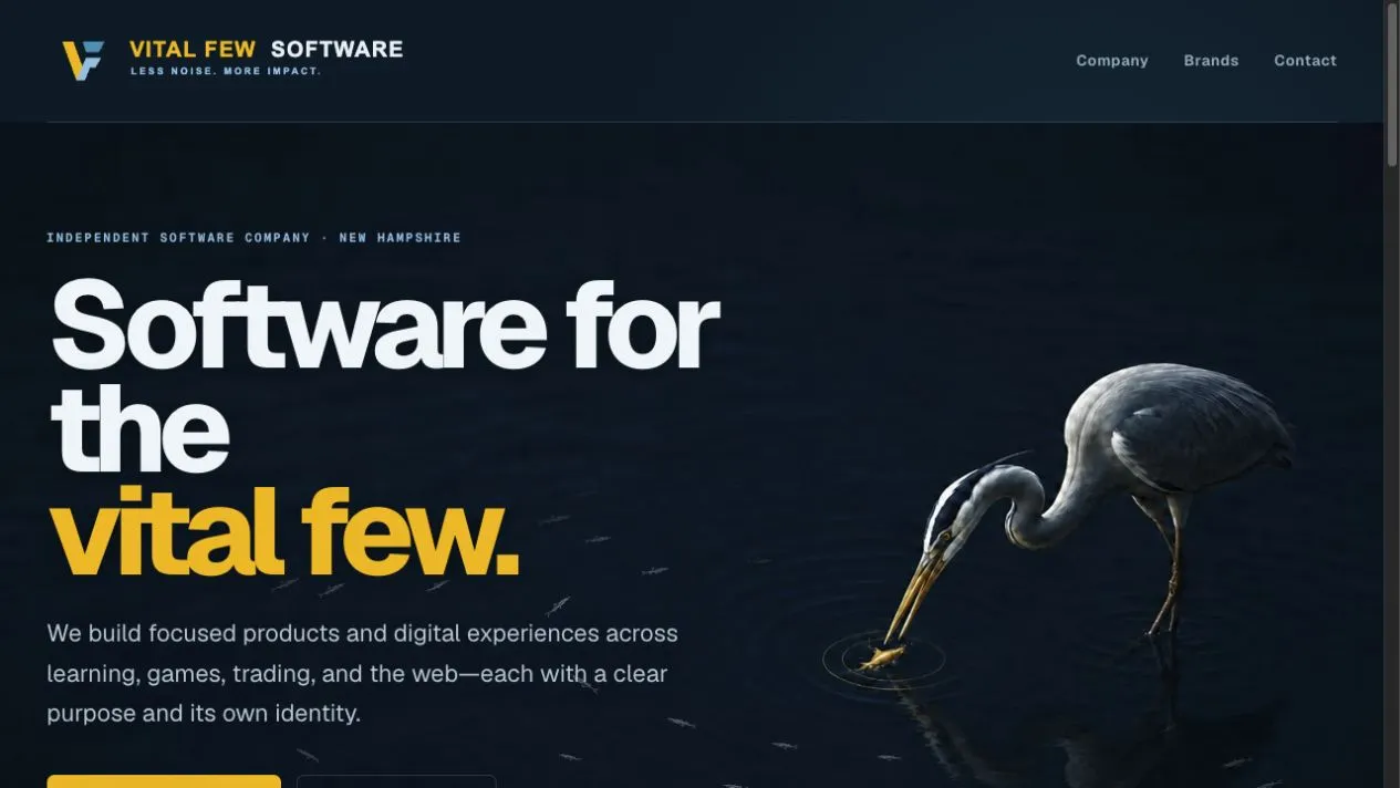 Vital Few Software homepage with its heron artwork and Software for the vital few headline.