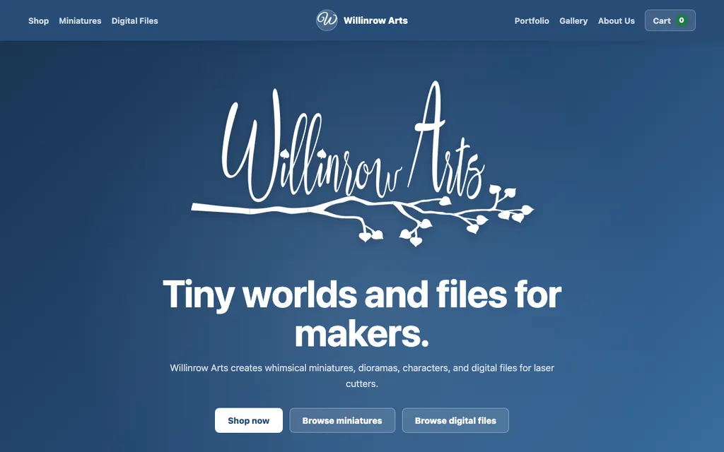 Willinrow Arts homepage with its script logo, shop navigation, and maker-focused headline.